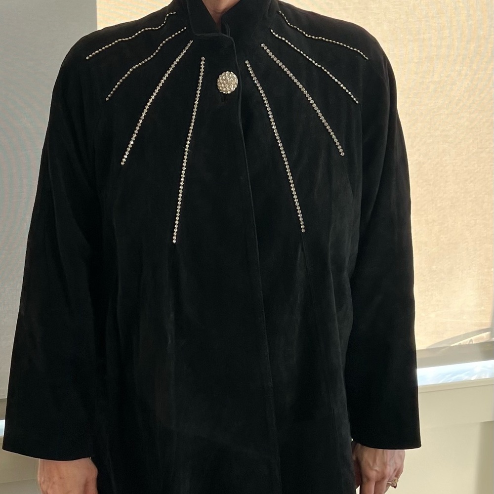 Black suede swing coat.